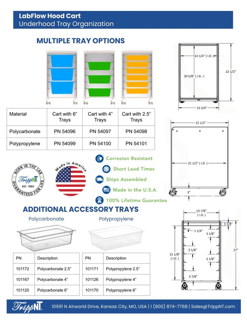 LabFlow Hood Cart with 2.5" Polypro Trays
