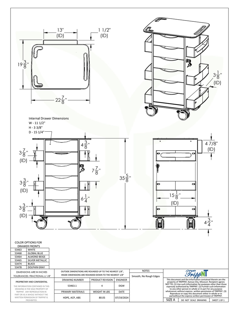 Polyethylene Core 6D Cart with Almond Drawers, 22 7/8" Width X 35 5/8" Height X 19 3/8" Depth