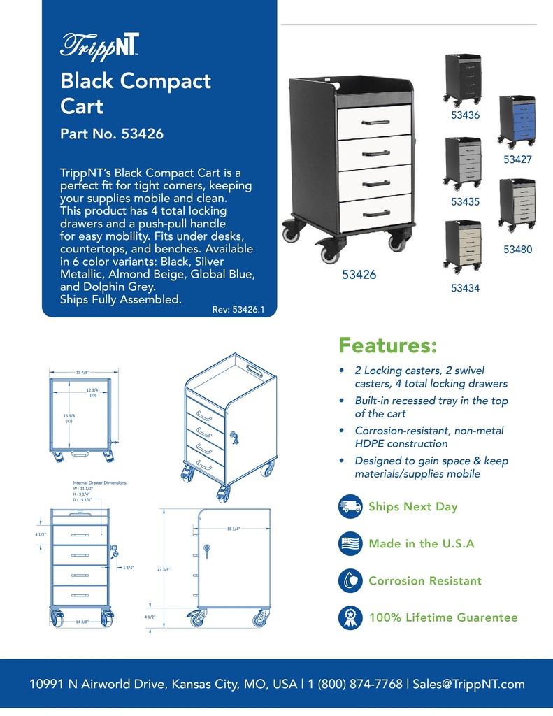 Black Polyethylene Compact Cart with Black Drawers, 14 3/8" Width x 27 7/8" Height x 18 3/8" Depth