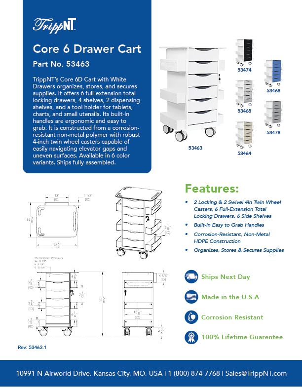 Polyethylene Core 6D Cart with Blue Drawers for Labs and Hospitals, 22 7/8" Width X 35 5/8" Height X 19 3/8" Depth