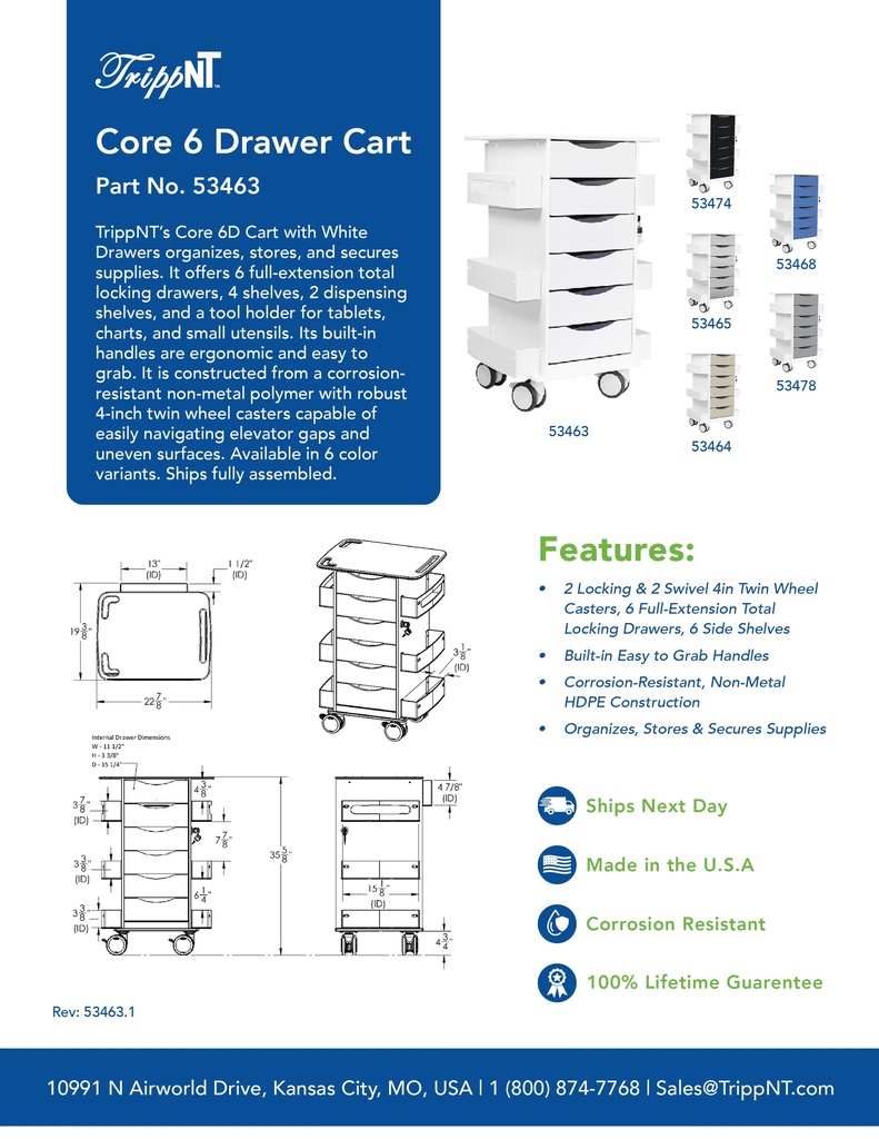 Polyethylene Core 6D Cart with Almond Drawers for Labs and Hospitals, 22 7/8" Width X 35 5/8" Height X 19 3/8" Depth