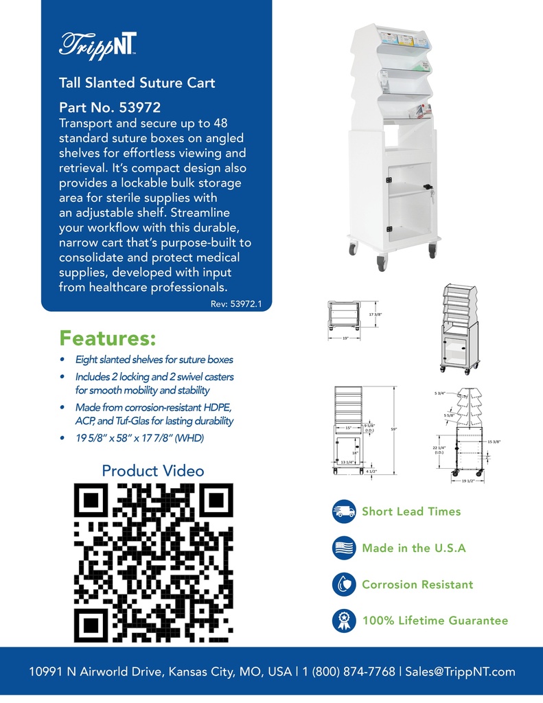 Tall Narrow Suture Medical Cart with Smoked Lockable Door