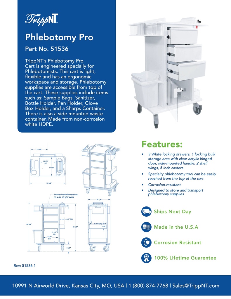 Hospital Grade Phlebotomy Pro Cart - Lifetime Warranty