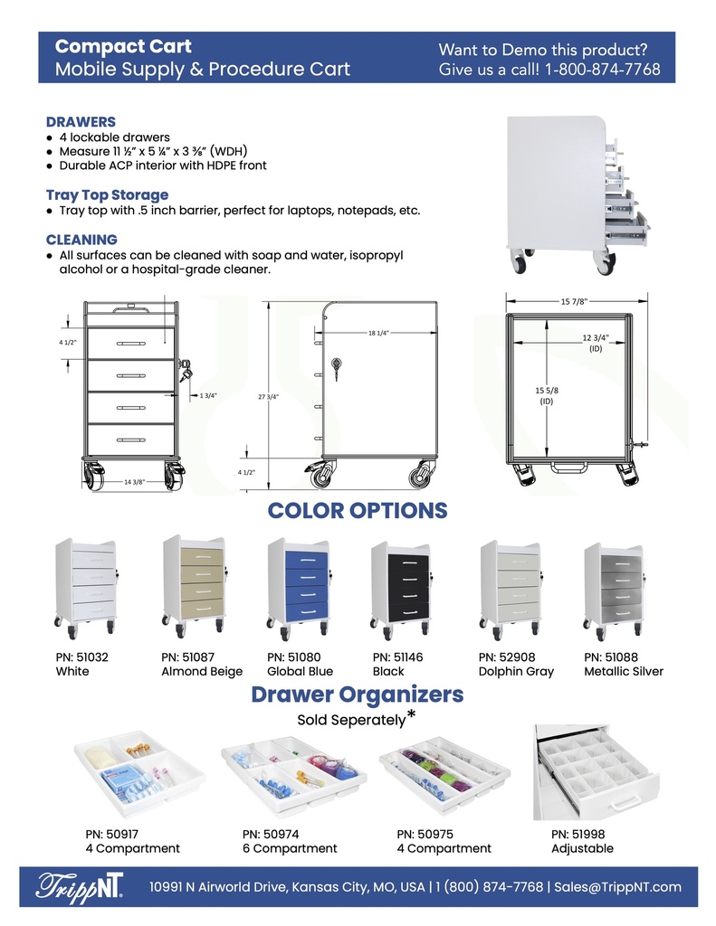 Polyethylene Compact Locking Cart for Labs and Hospitals, 14" Width x 27" Height x 19" Depth, 4 Drawers, White