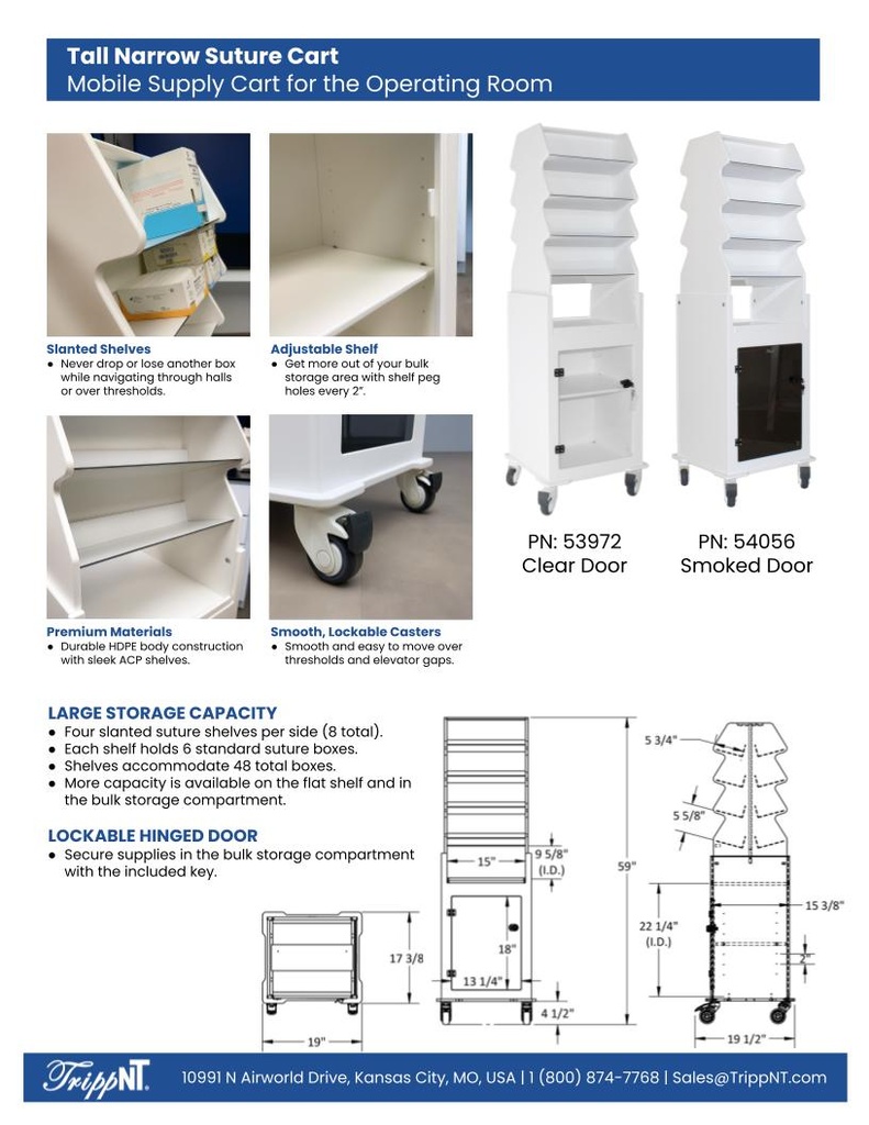 Tall Narrow Suture Medical Cart with Smoked Lockable Door