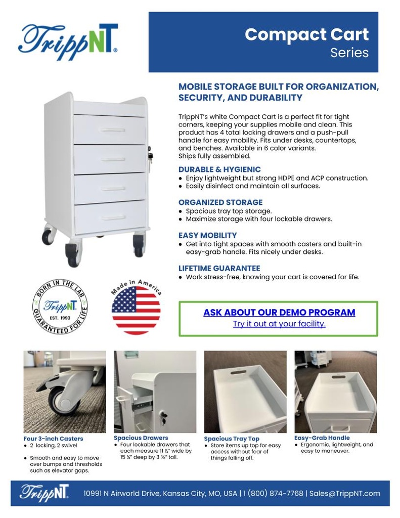 Compact 4 Drawer Locking Cart, Dolphin Gray - Sales Sheet Front