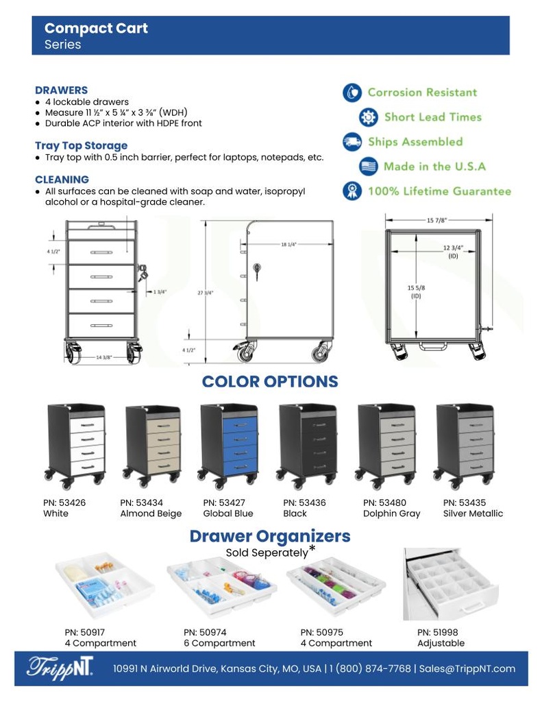 Black Compact Cart, White Drawers - Sales Sheet Front