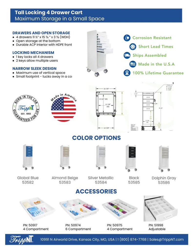 Tall Locking Cart 4D with White Drawers