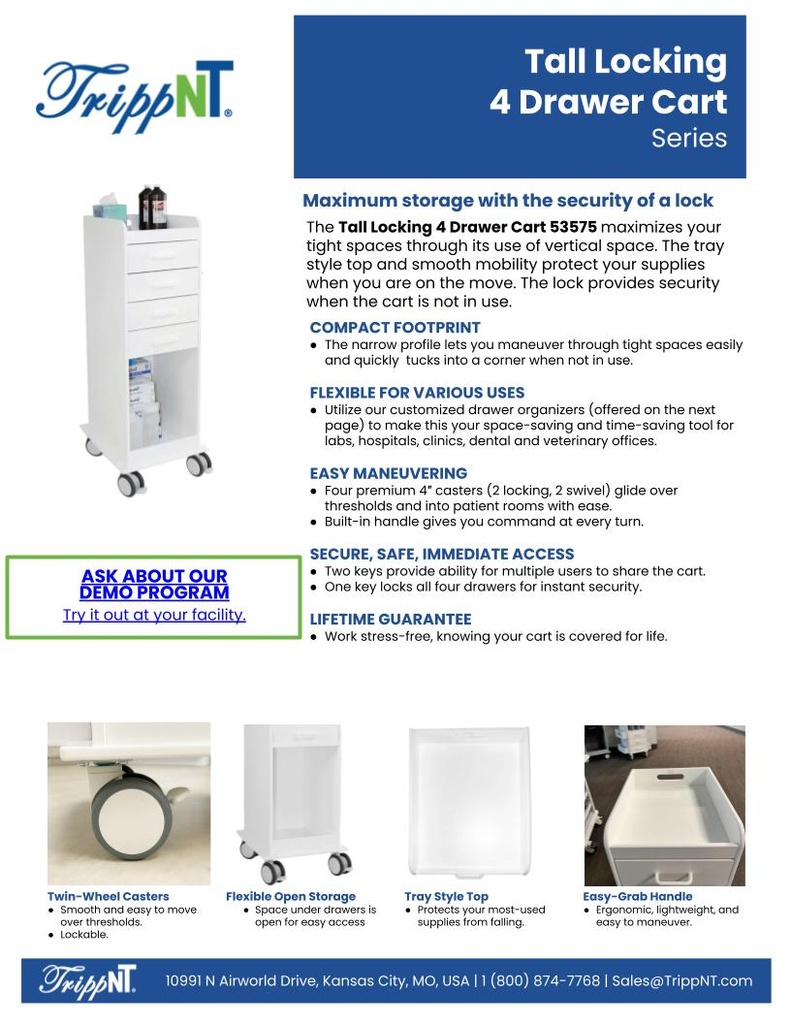 Tall Locking Cart 4D with Almond Beige Drawers