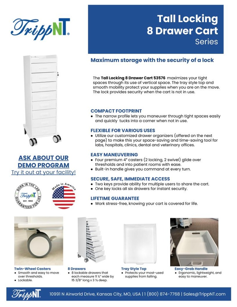 Tall Locking Cart 8D with White Drawers