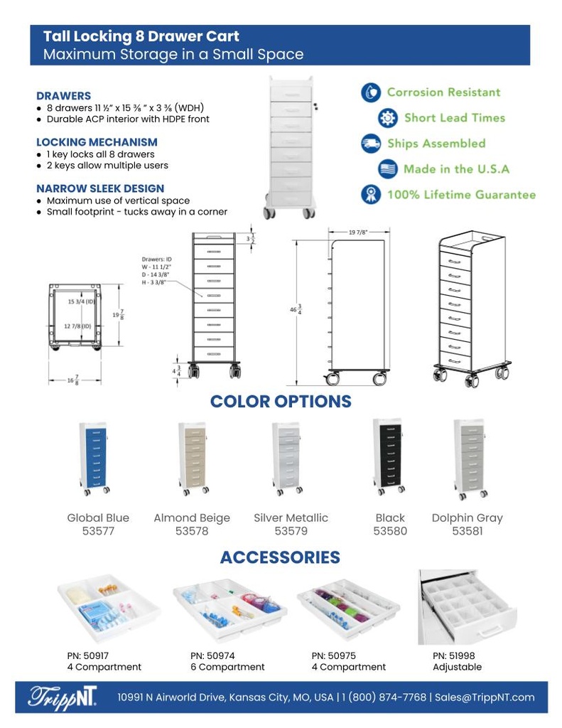Tall Locking Cart 8D with Silver Metallic Drawers