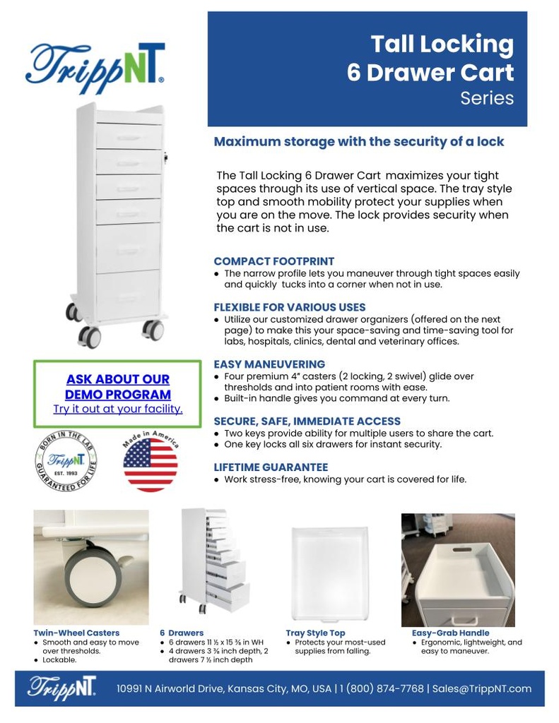 Tall Locking Cart 6D with White Drawers