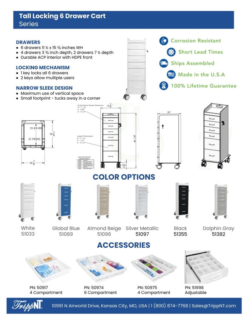 Tall Locking Cart 6D with White Drawers