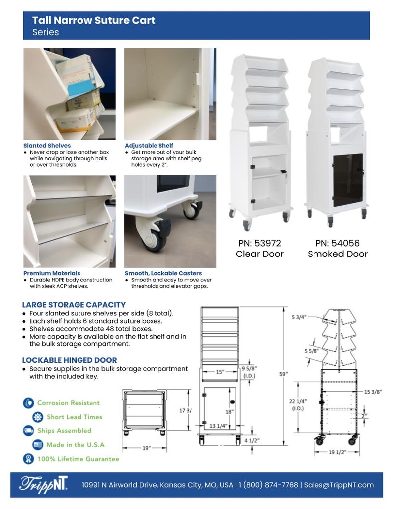 Tall Narrow Suture Medical Cart with Clear Lockable Door