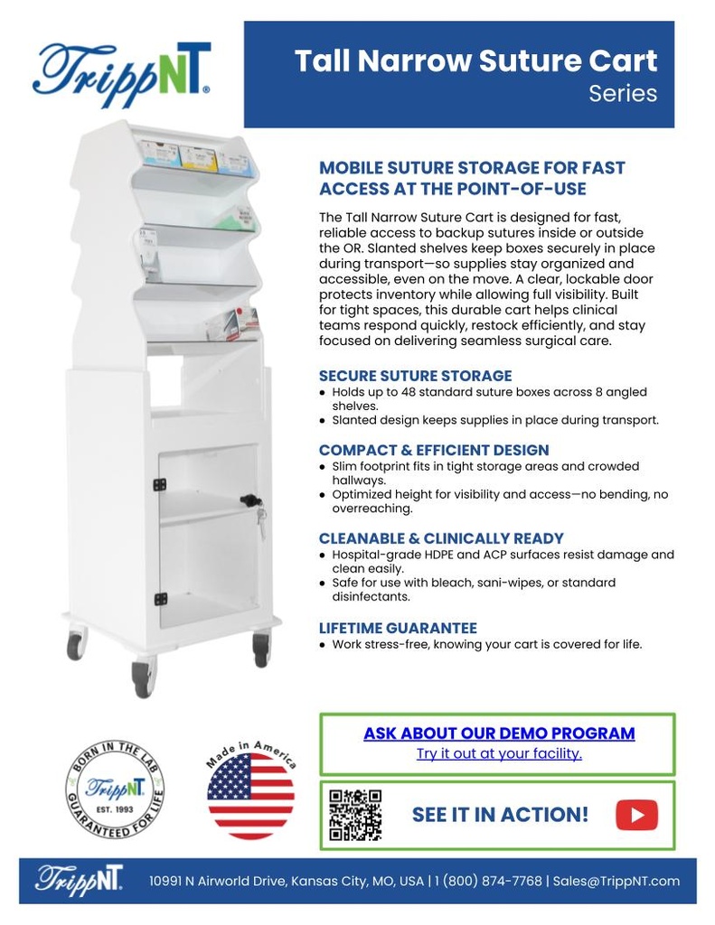 Tall Narrow Suture Medical Cart with Smoked Lockable Door