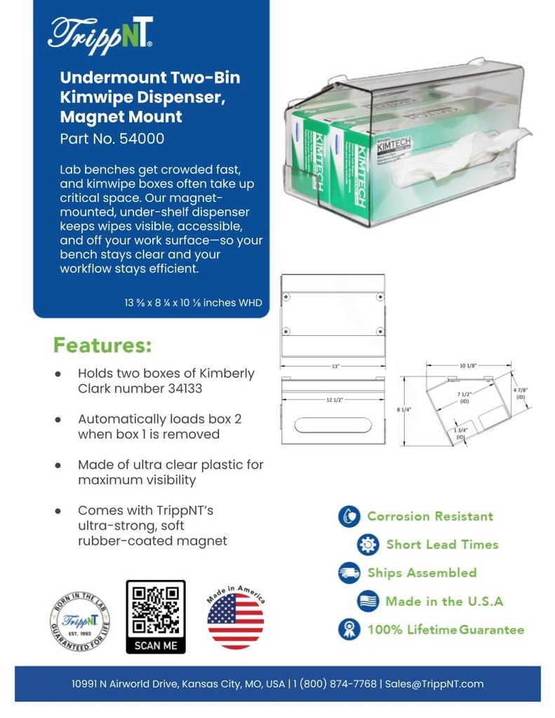 Undermount Two-Bin Large Clear Kimwipe Dispenser, Magnet Mount
