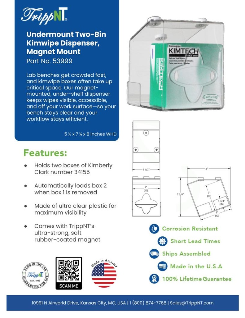 Undermount Two-Bin Small Clear Kimwipe Dispenser, Magnet Mount