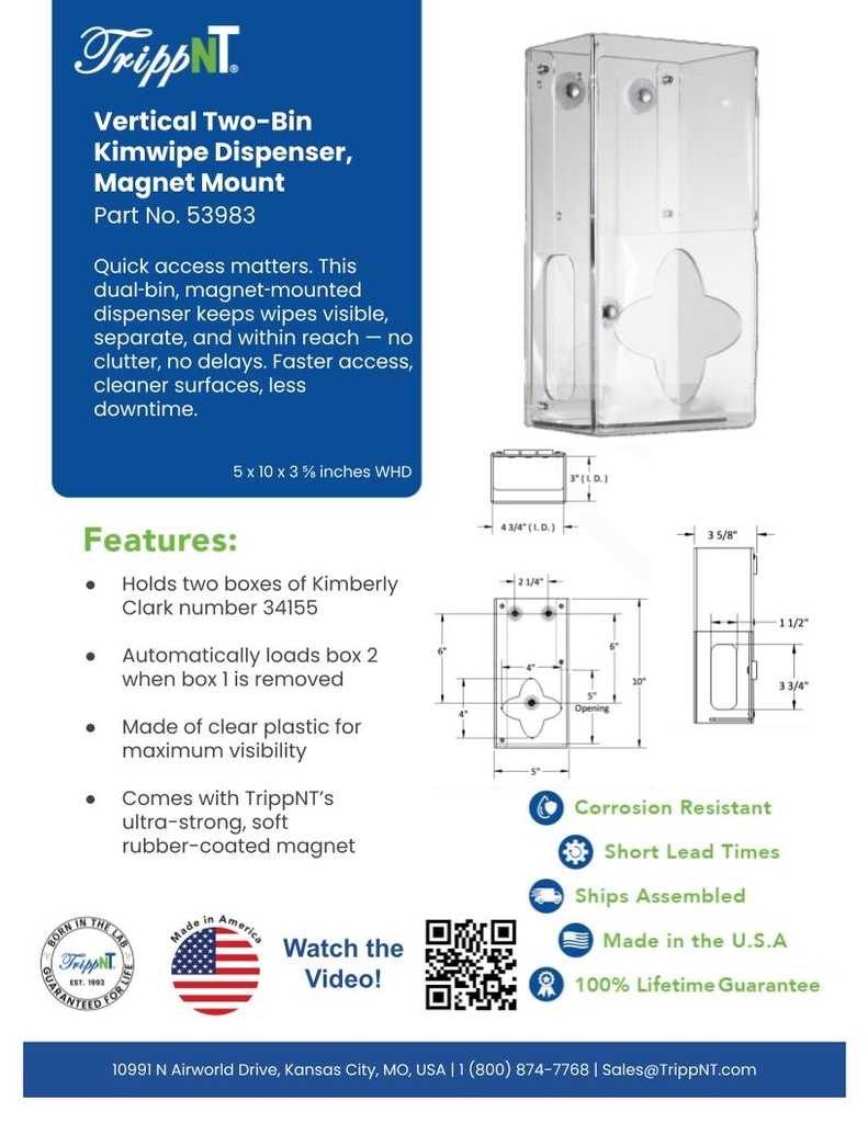 Vertical Two-Bin Small Clear Kimwipe Dispenser, Magnet Mount