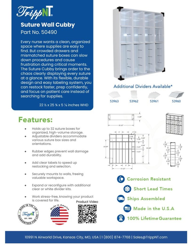 Wall Mounted Medical Suture Cubby, 22 1/2 x 25 3/4 x 5 1/8 inches WHD