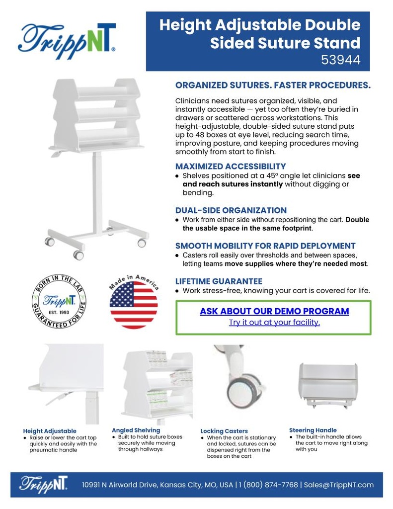 53944 Height Adjustable Double-Sided Medical Suture Stand Companion Cart, 24 x 61 ½ x 19 ½ inches WHD