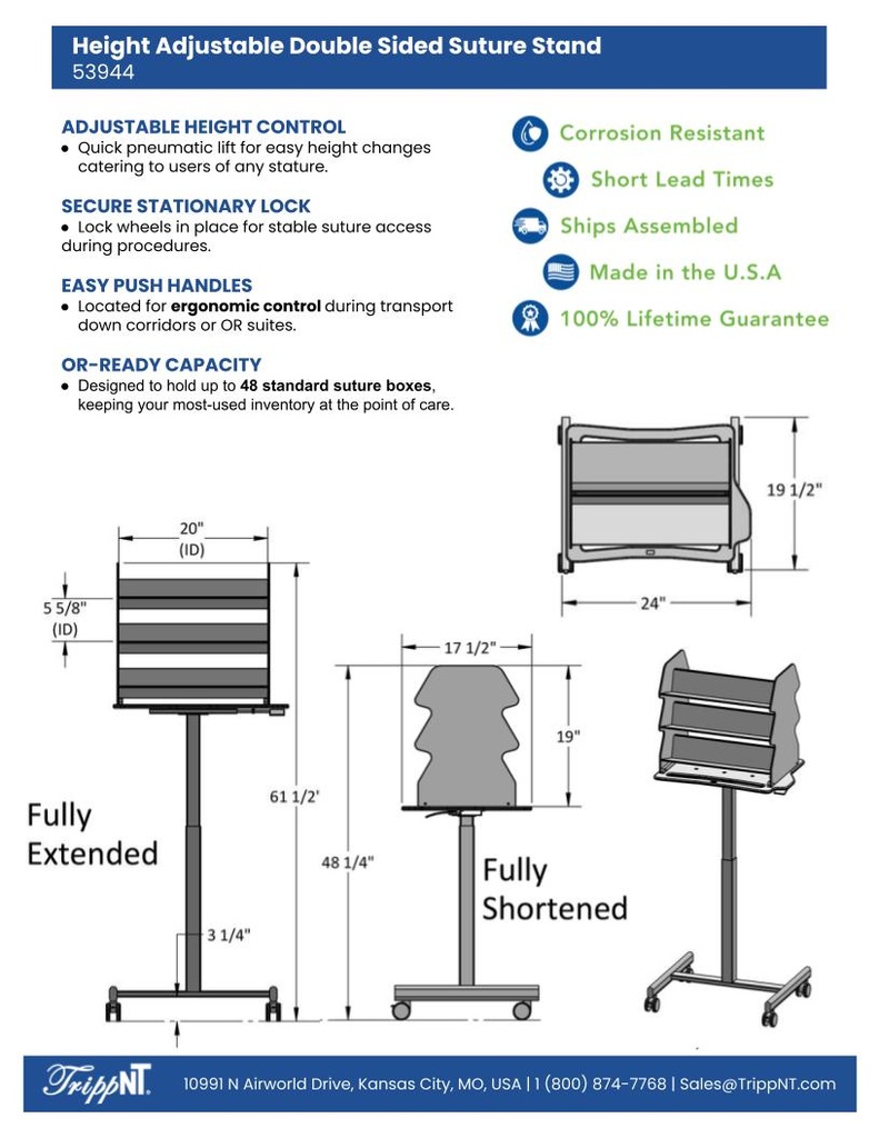 53944 Height Adjustable Double-Sided Medical Suture Stand Companion Cart, 24 x 61 ½ x 19 ½ inches WHD