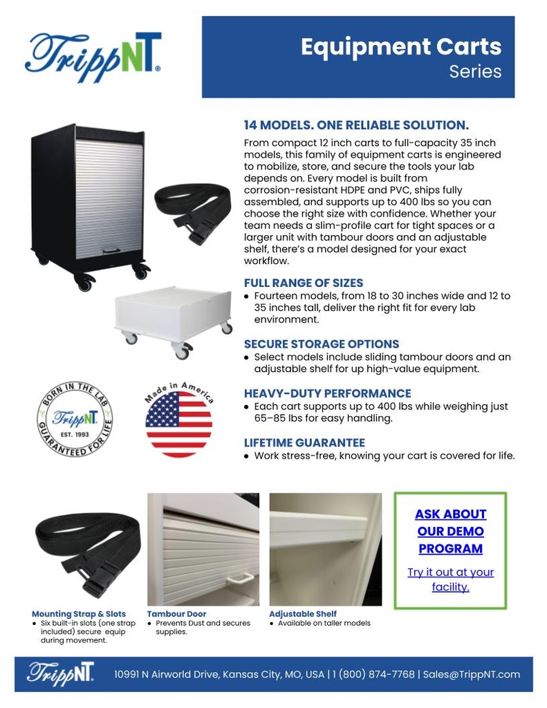 Equipment Cart White 24 x 24, 35" Height, Adjustable Shelf, Tambour Door