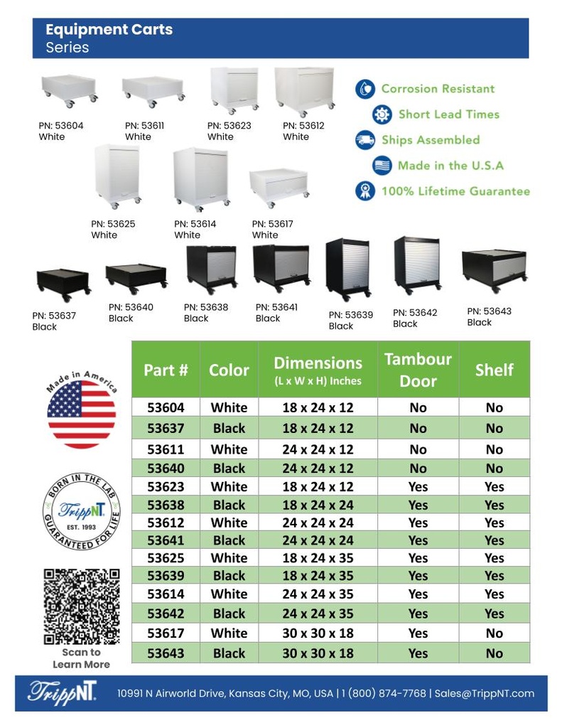 Equipment Cart White 18 x 24, 24" Height, Adjustable Shelf, Tambour Door